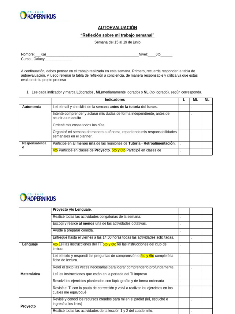 Autoevaluación Semanal de Estudiantes | PDF | Aprendizaje