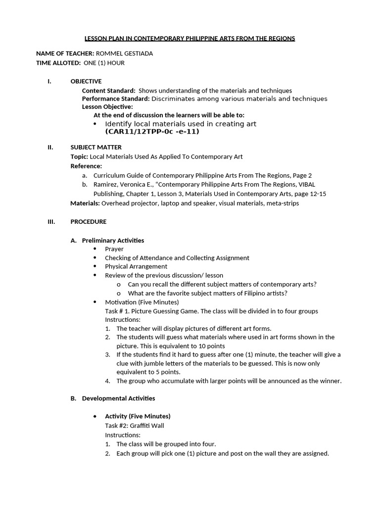 Contemporary Philippine Art Lesson Plan | PDF | Lesson Plan | Paintings