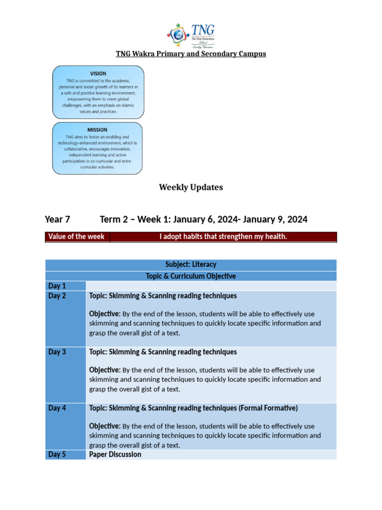 Year 7 Weekly Log - Week 1 January 6 2025 - January 9 2025 | PDF ...