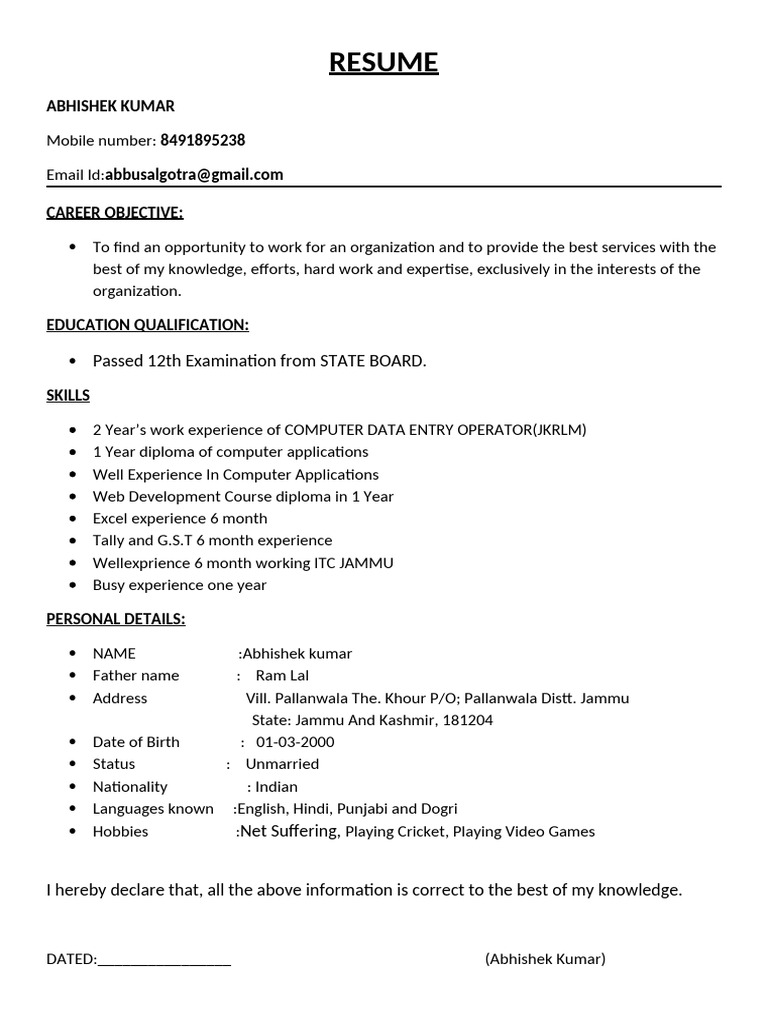 Abhishek Kumar Resume - Data Entry & IT Skills | PDF