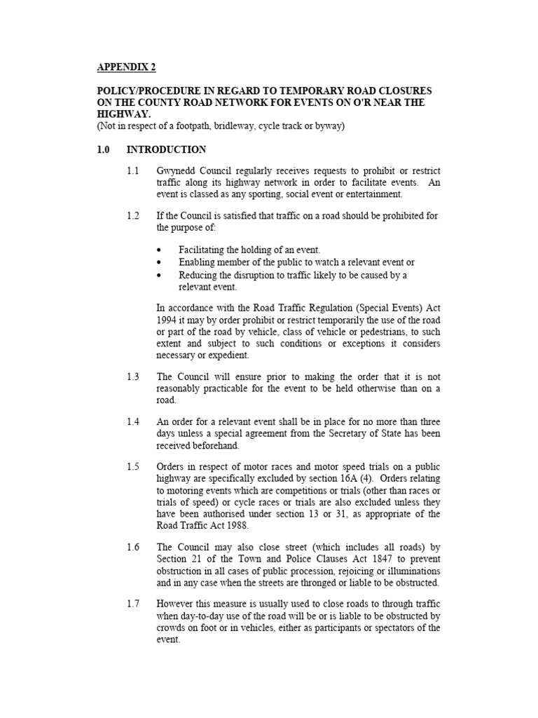 Temporary Road Closure Policy Guide | PDF | Indemnity | Road