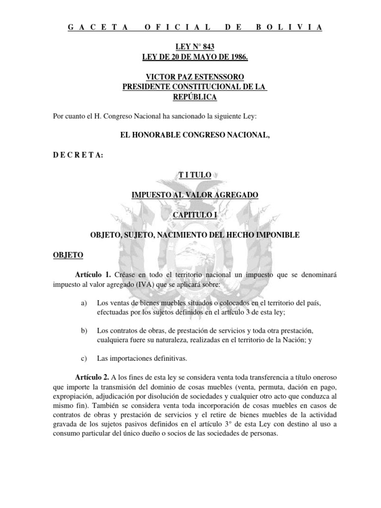 Ley del Impuesto al Valor Agregado en Bolivia | PDF | Impuestos ...