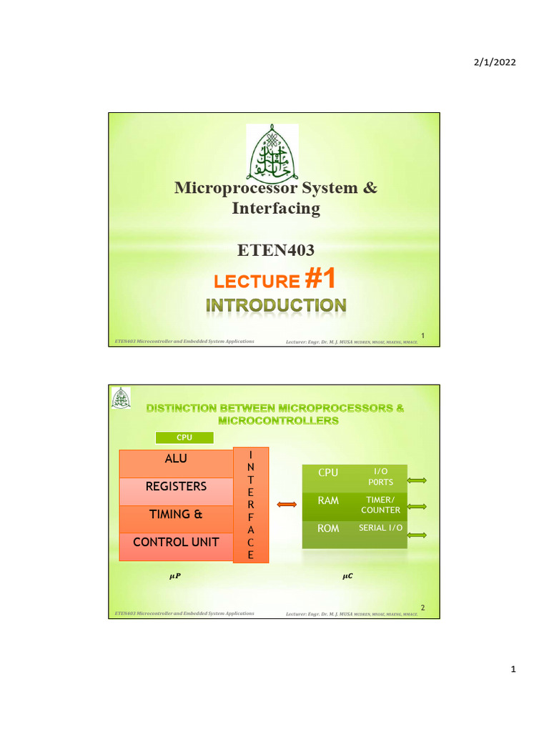 Lect 1 ETEN403 Microcontroller and Embedded System Applications-1 | PDF ...