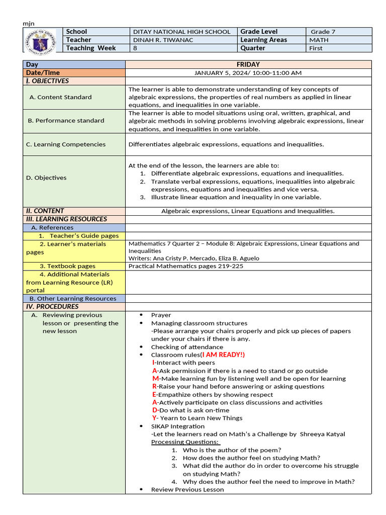 Grade 7 Algebra Lesson Plan | PDF | Equations | Mathematics