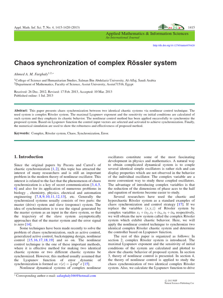 Chaos Synchronization in Complex Rössler System | PDF | Chaos Theory ...