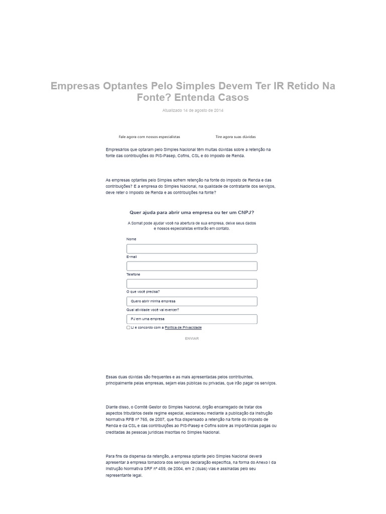 IR Retido na Fonte para Empresas do Simples | PDF | Impostos | Imposto ...