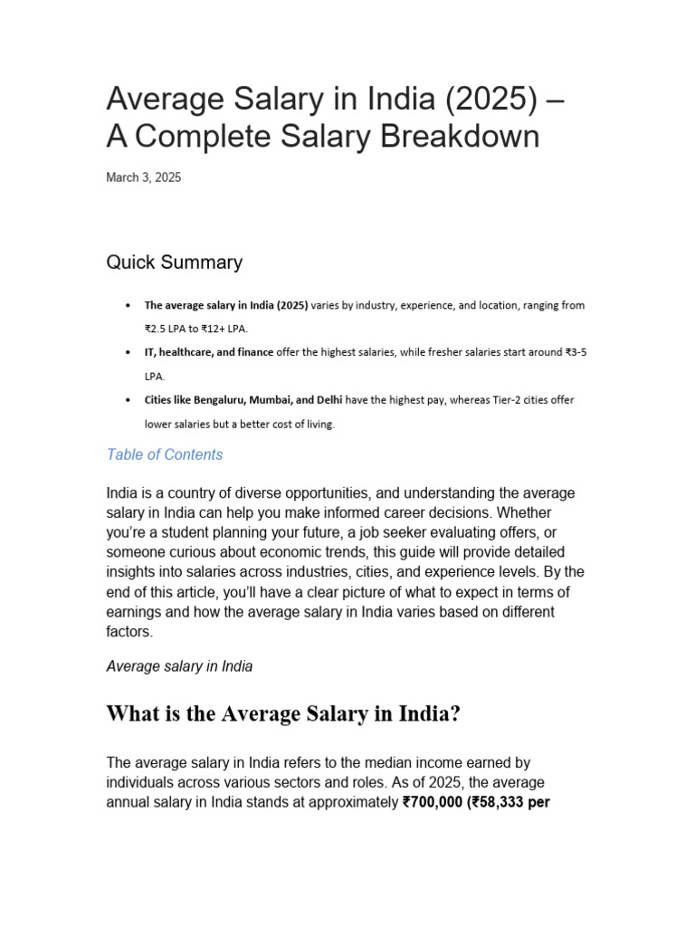 Average Salary Insights in India 2025 | PDF