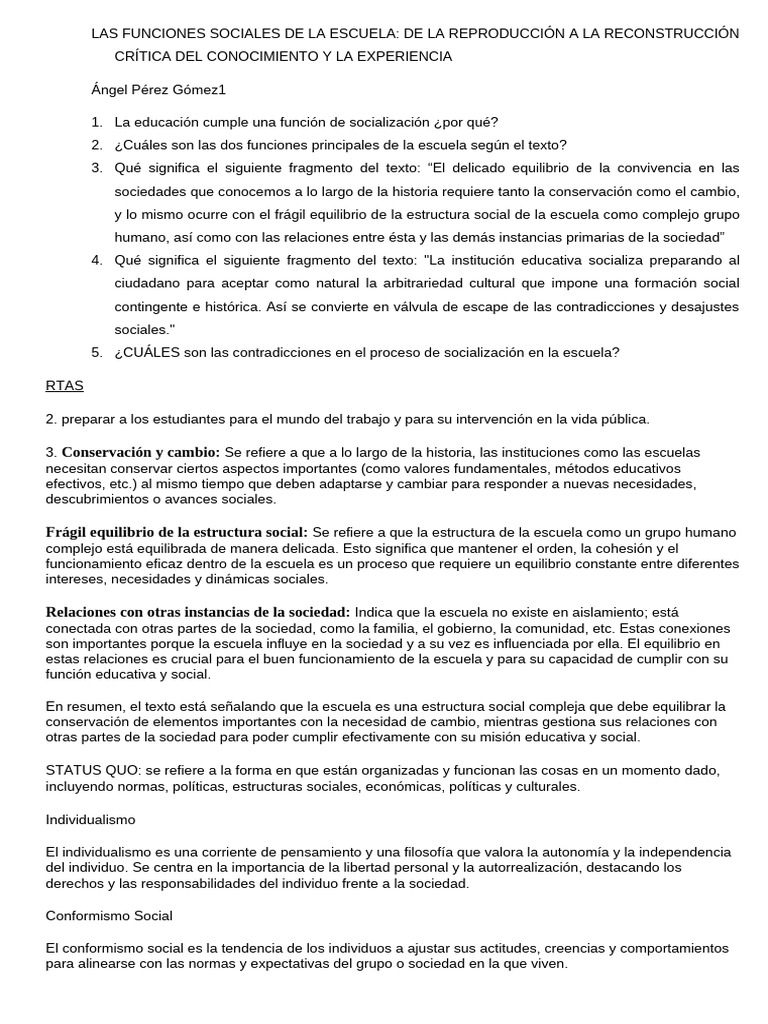 LAS FUNCIONES SOCIALES DE LA ESCUELA tp3 | PDF | Institución | Sociedad