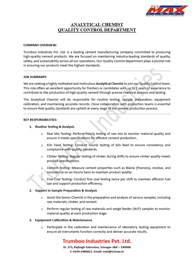 Analytical Chemist Job Opening | PDF | Cement | Laboratories