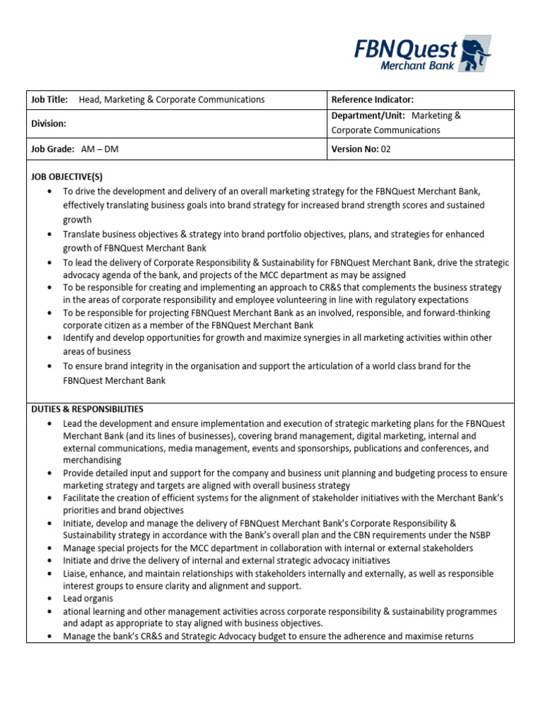 Head of Marketing & Communications Role | PDF | Corporate Social ...