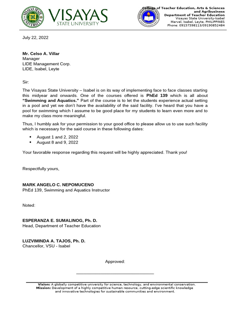 Request for Pool Use for PhEd 139 Classes | PDF