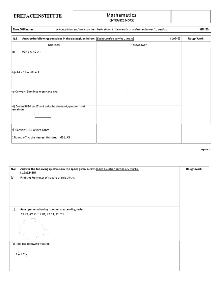 Mathematics Entrance Mock Test Questions | PDF | Litre | Mathematics