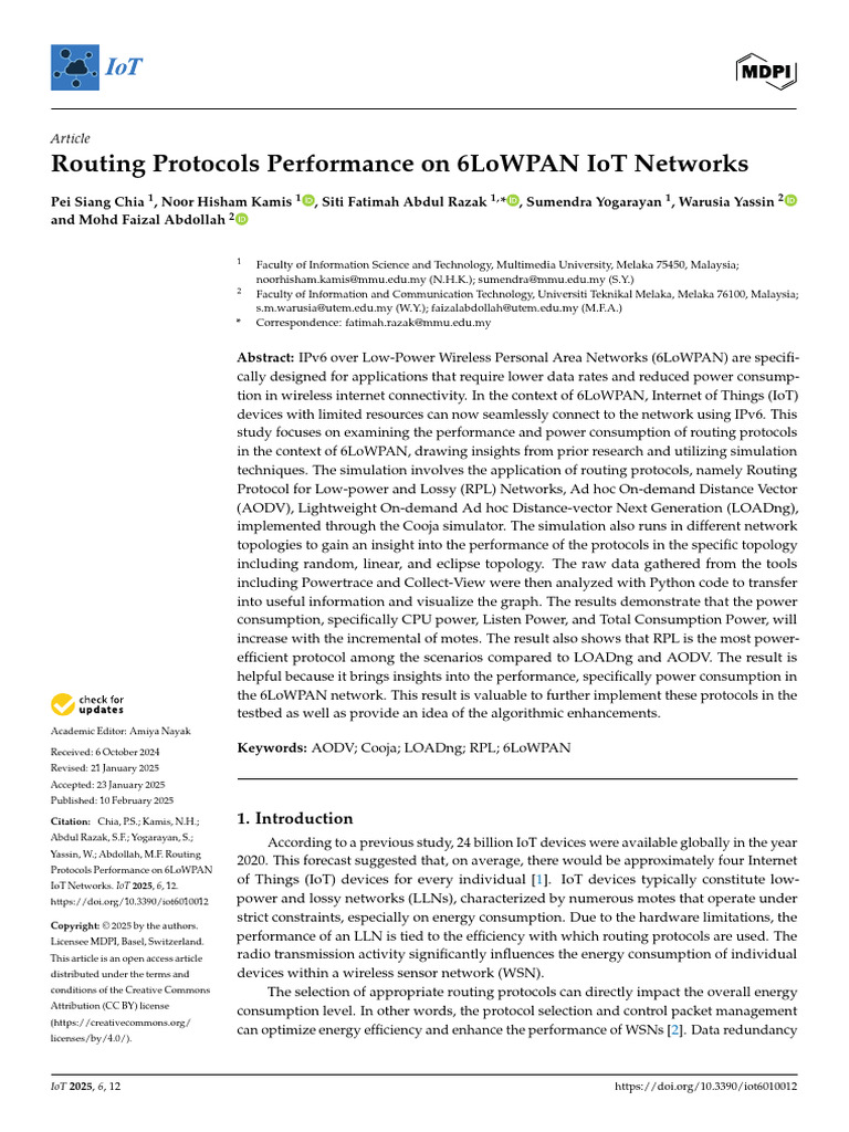 Routing Protocols Performance On 6LoWPAN IoT Networks | PDF | Routing ...