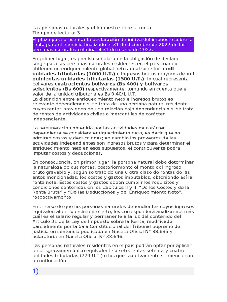 Impuesto sobre la Renta de Personas Naturales | PDF | Impuestos ...