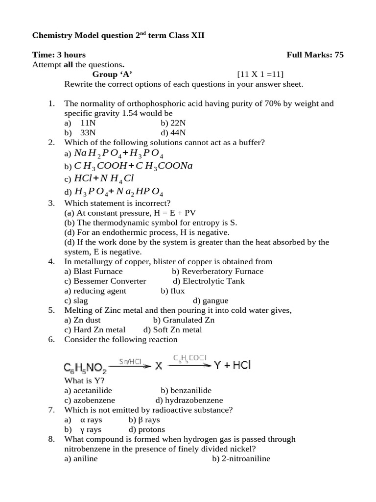 Class XII Chemistry Model Questions | PDF | Chemical Reactions | Amine