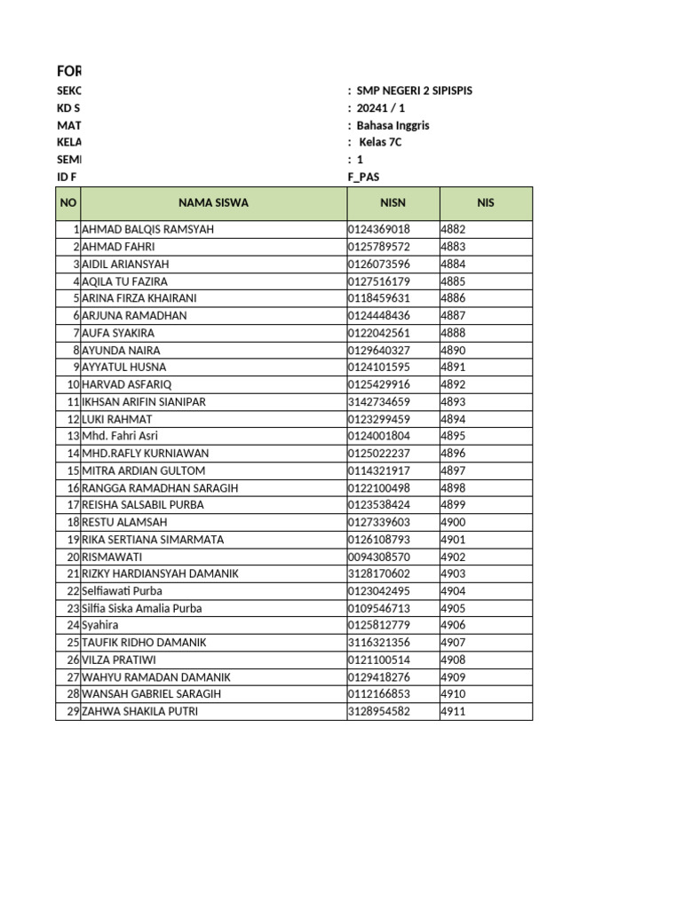 NIL_SAS_20241_300210000_ Kelas 7C | PDF