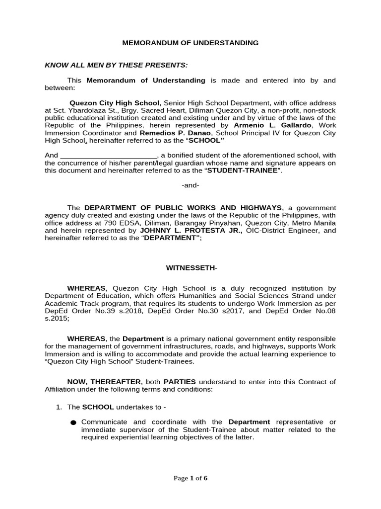 Quezon City High School Work Immersion MOU | PDF | Private Law | Business