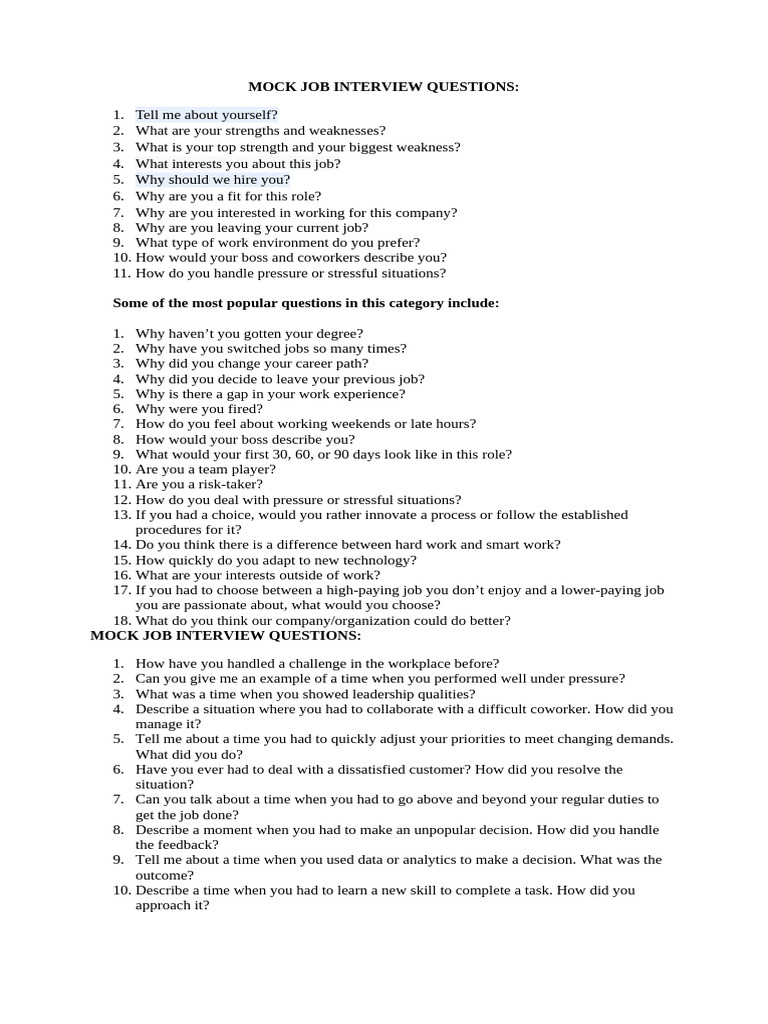 Essential Mock Job Interview Questions | PDF | Job Interview ...