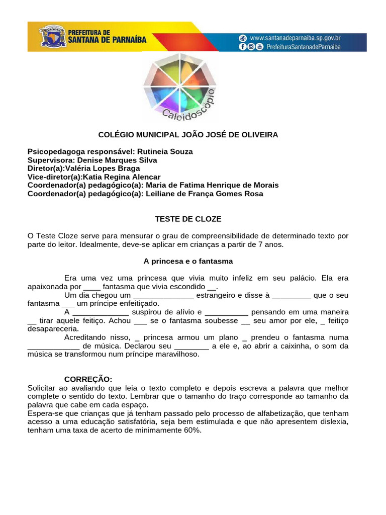 Teste Cloze para Compreensão Infantil | PDF