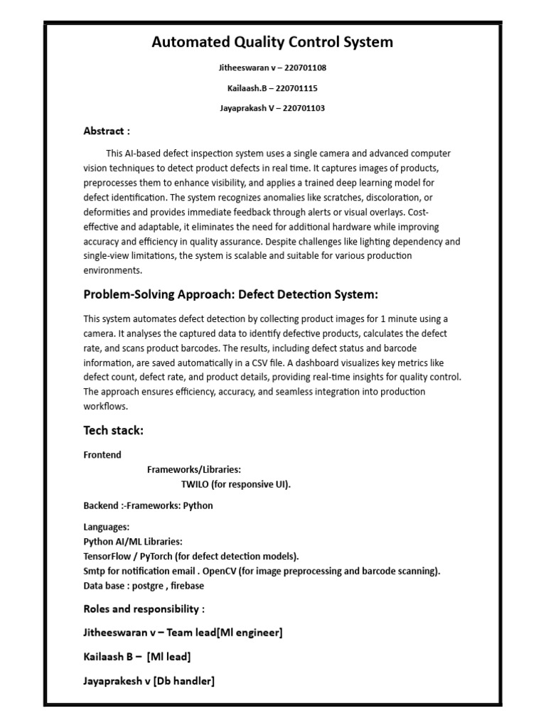 Automated Quality Control System: Problem-Solving Approach: Defect ...