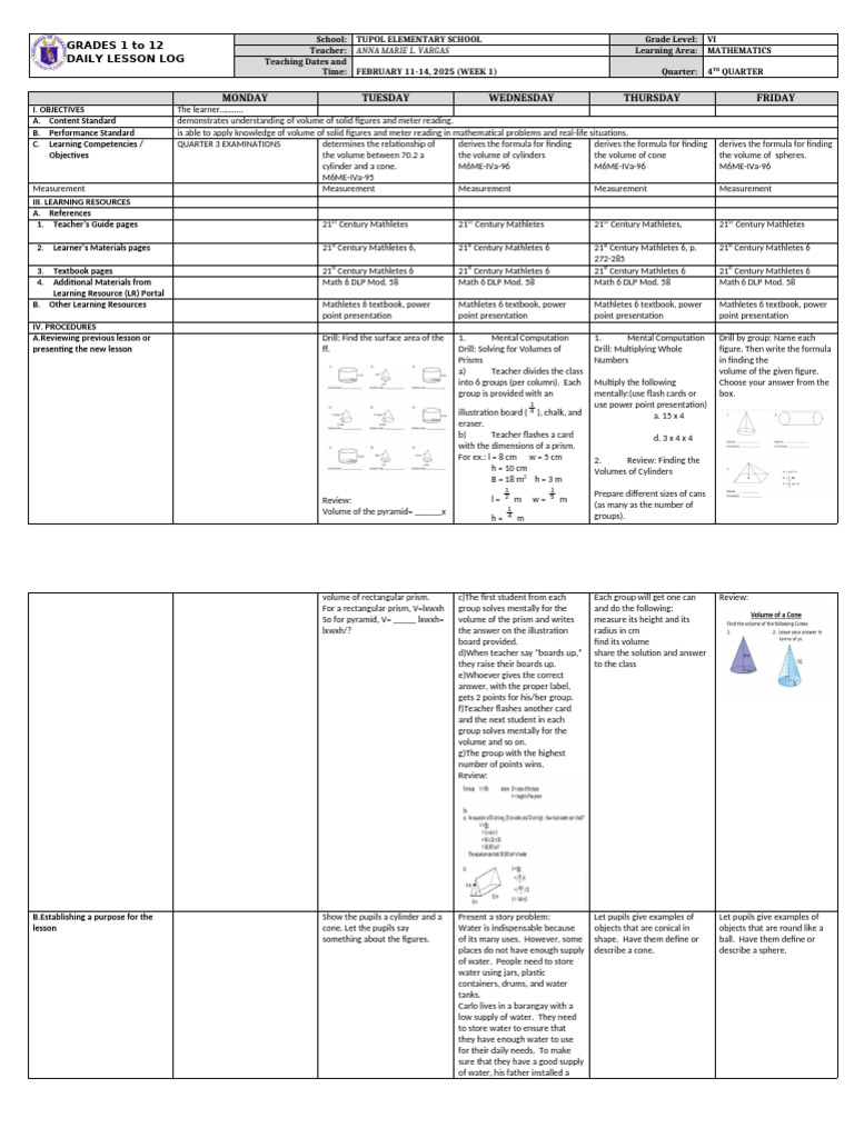 Grade 6 Math Daily Lesson Log | PDF | Area | Volume