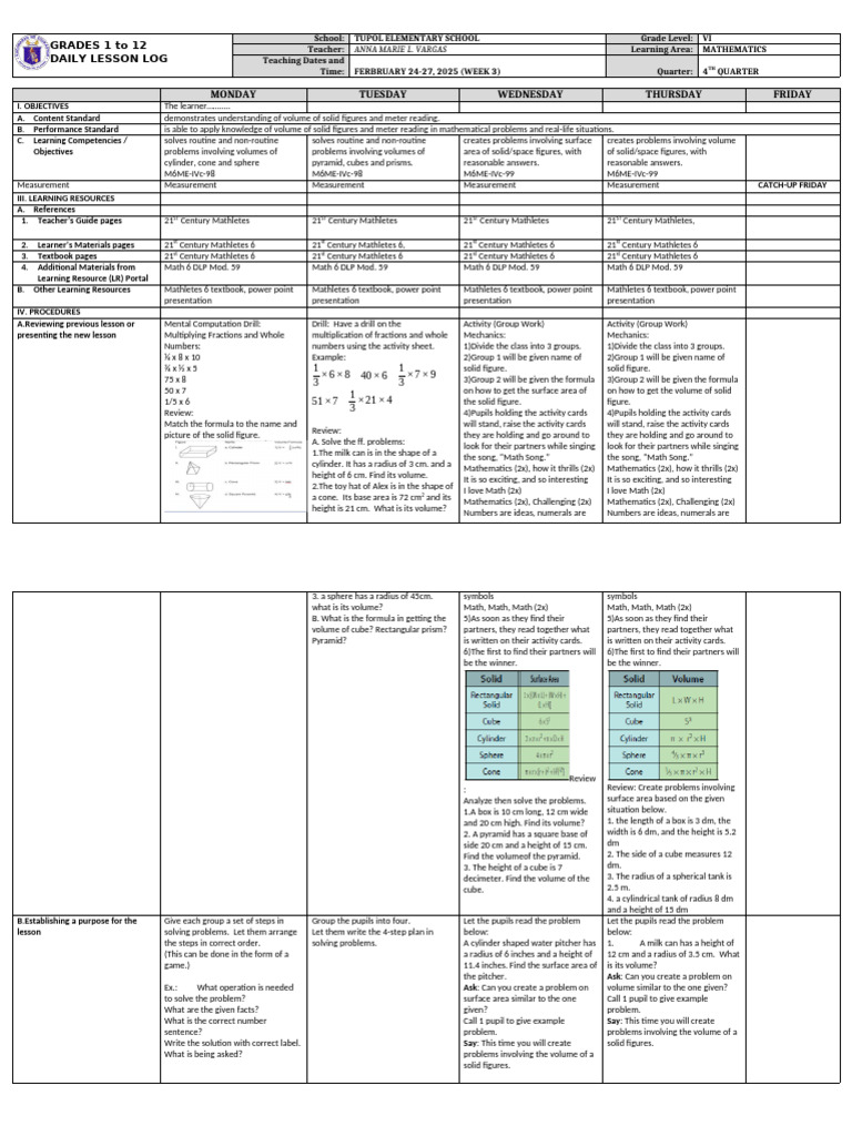Grade 6 Math Daily Lesson Log | PDF | Volume | Area