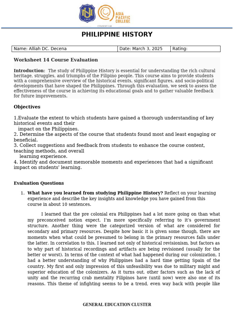 Updated Worksheet No. 14 Course Evaluation 1 | PDF | Course Evaluation ...
