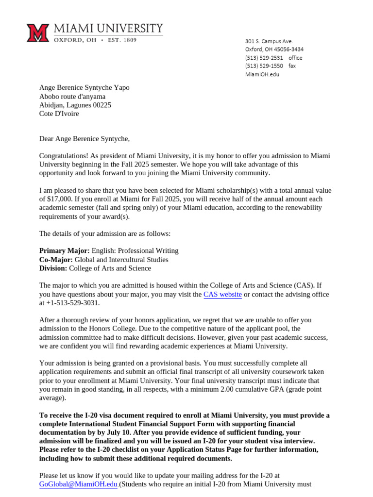 Yapo Admission Letter | PDF
