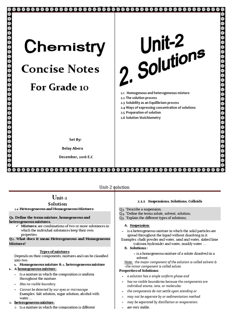 Chem Brife Note For G-10 (Unit-2) | PDF | Solvation | Mixture
