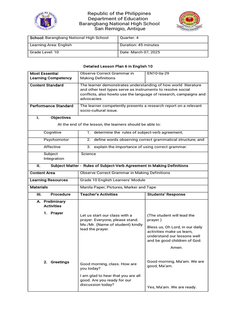 English 10 Lesson Plan: Subject-Verb Agreement | PDF | Grammatical ...