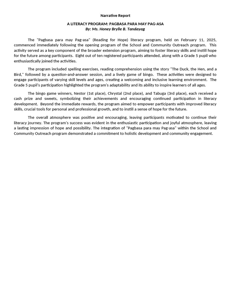 Literacy Program Narrative Report Pdf