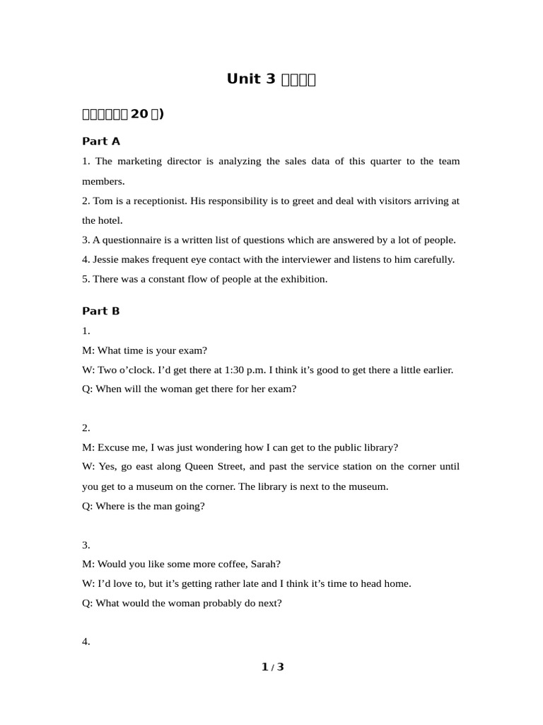 Unit 3 Listening Transcript and Answers | PDF