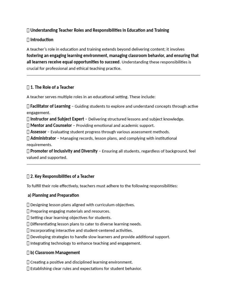 Teacher Roles and Responsibilities Explained | PDF | Educational ...