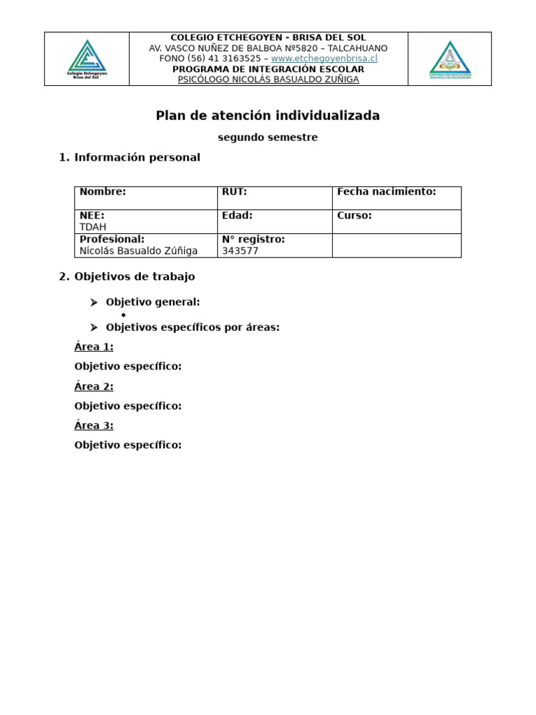 Plan de Atención Escolar Individualizado | PDF
