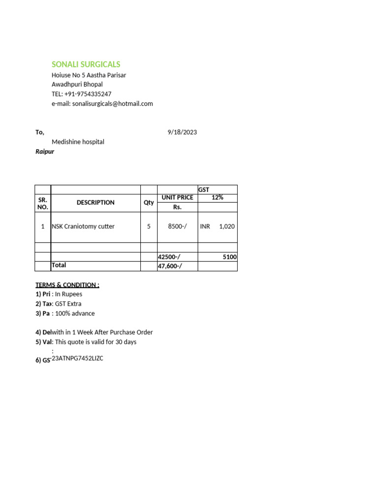 Quotation for NSK Craniotomy Cutter | PDF