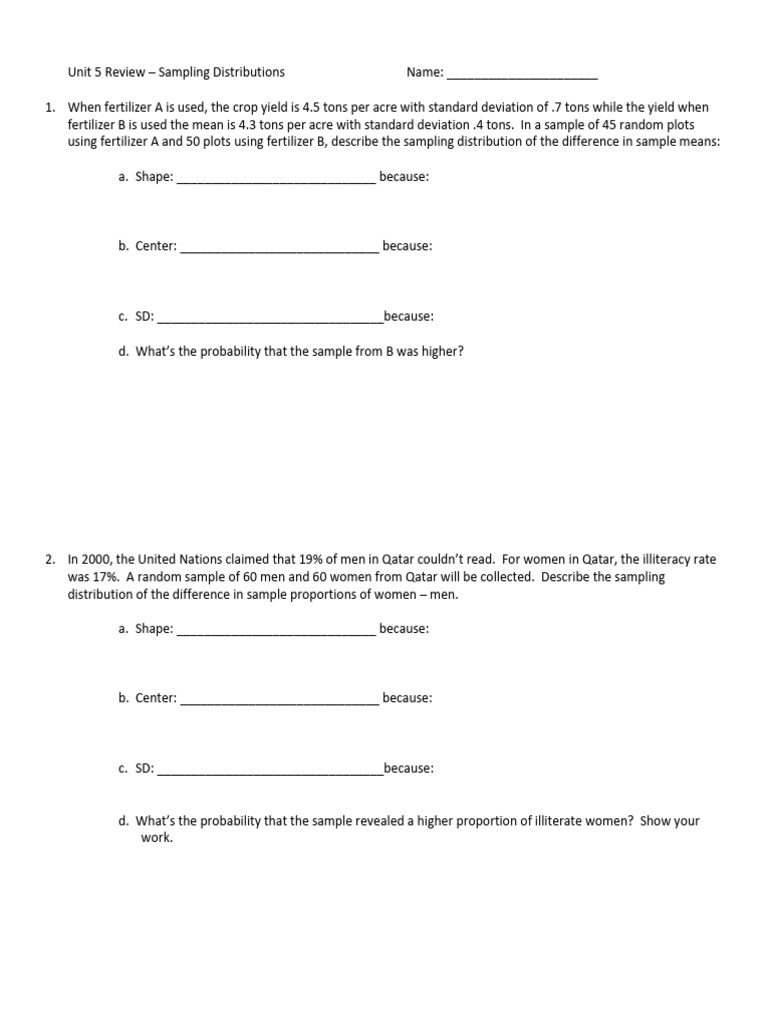 Unit 5 Review | PDF | Standard Deviation | Bias Of An Estimator