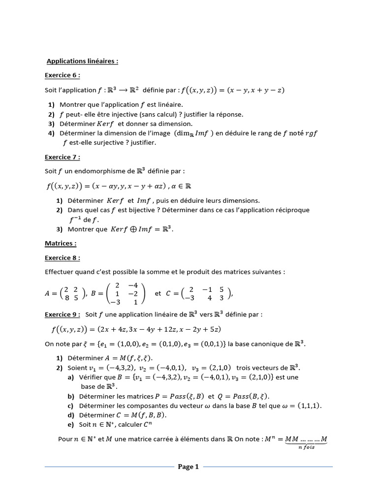 Exercices corrigés sur les applications linéaires | PDF | Matrice ...