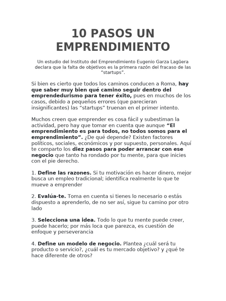 10 Pasos Un Emprendimiento | PDF | Iniciativa empresarial | Empresa de ...