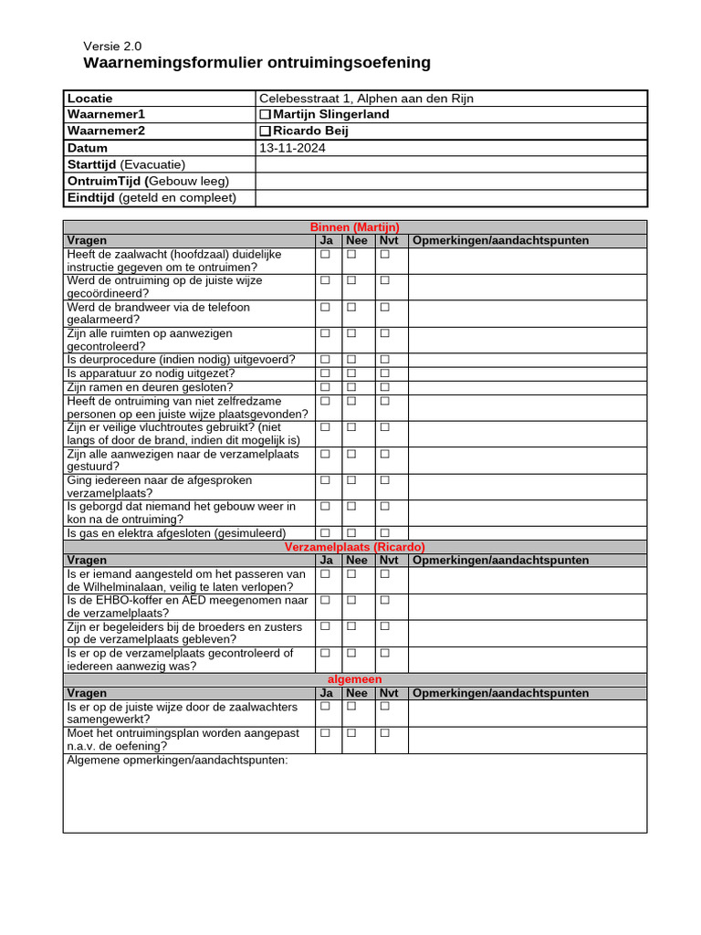 Waarnemingsformulier Ontruimingsoefening v2.0 | PDF