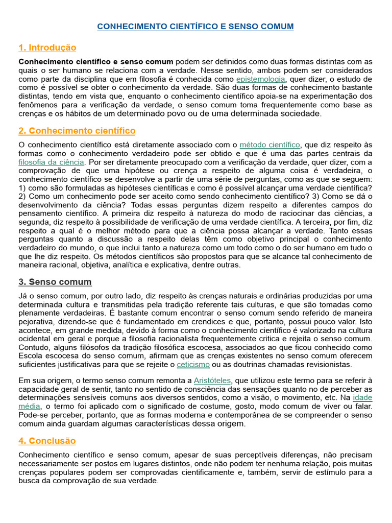 Diferenças entre Conhecimento Científico e Senso Comum | PDF ...
