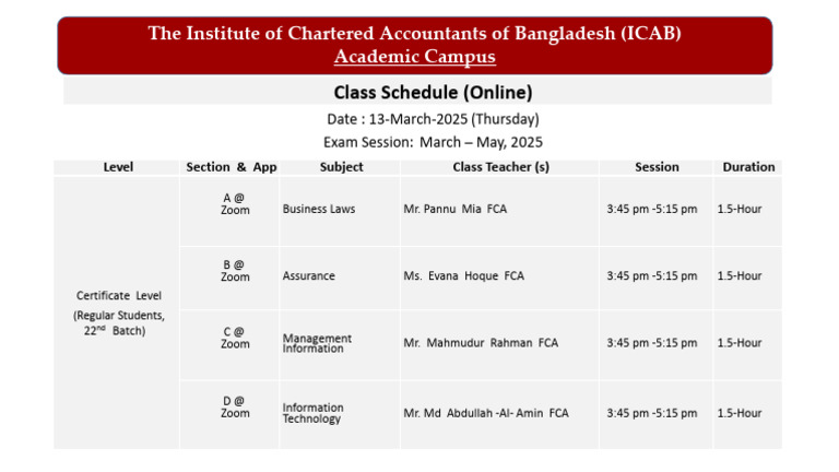 5th Day's Class Schedule On Thursday - 13-Mar-2025 - For CL - 22B (ES ...
