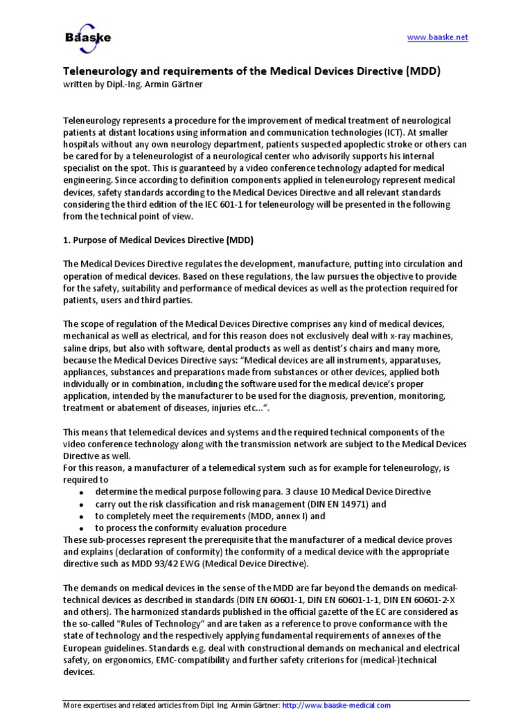 Teleneurology and Requirements of The Medical Devices Directive (MDD