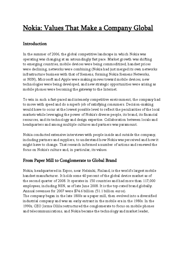 Nokia's Core Values Redefined | PDF | Nokia | Mobile Phones