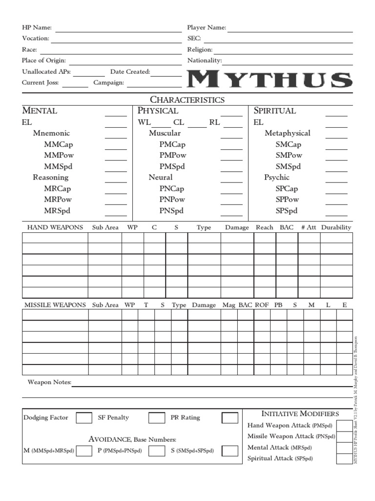 Mythus RPG Character Profile Sheet | PDF | Biomechanics | Animal Locomotion