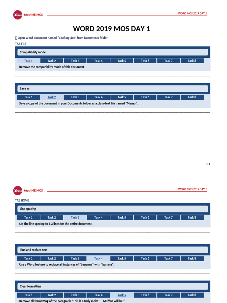 Word 2019 MOS Day 1 Tasks Guide | PDF | Computing | Software