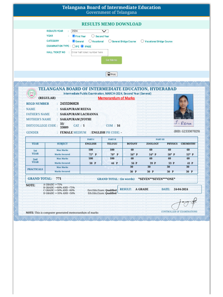 Telangana Intermediate Memo Download 2024 | PDF