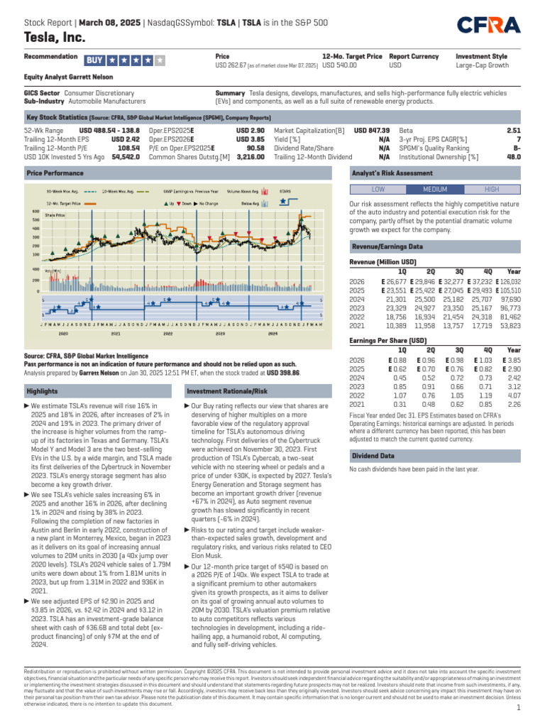 Tesla Stock Report: March 2025 Analysis | PDF | Tesla Model S | Vehicles