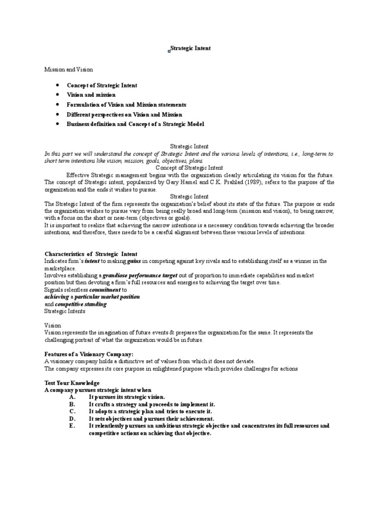 Mission Vision Strategic INtent | PDF | Goal | Business Model