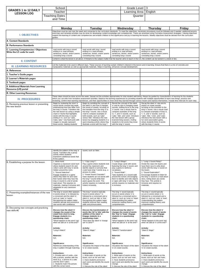 Weekly English Lesson Plan for Grades 3 | PDF | Reading Comprehension ...