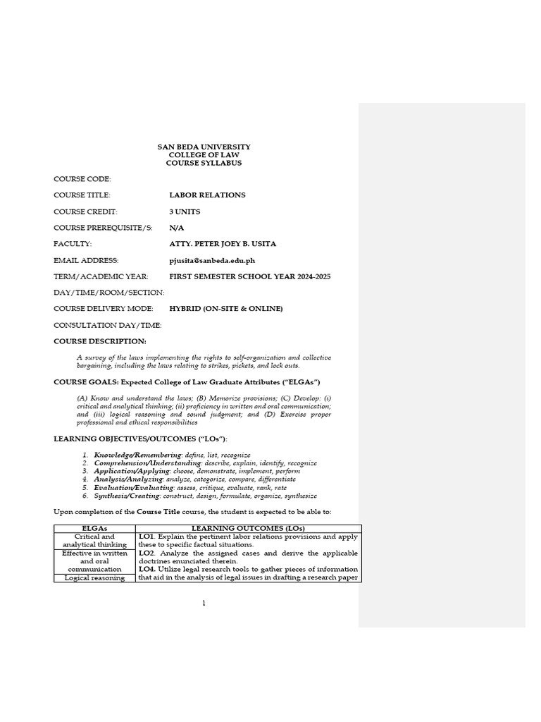 Labor Relations Course Syllabus 2024-2025 | PDF | Injunction | Appeal